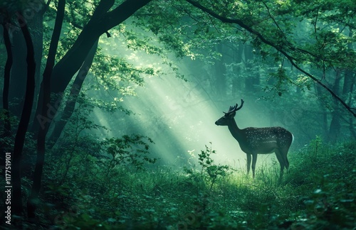 A roe deer in the forest, green grass and trees in springtime photo