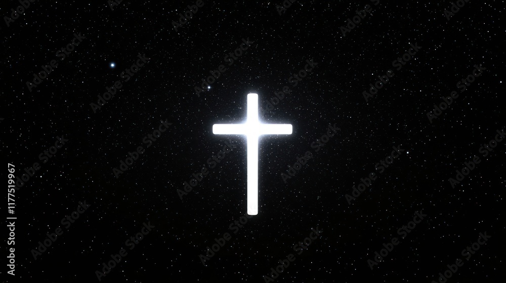 A glowing cross symbol against a starry background. A glowing cross symbol against a starry background.