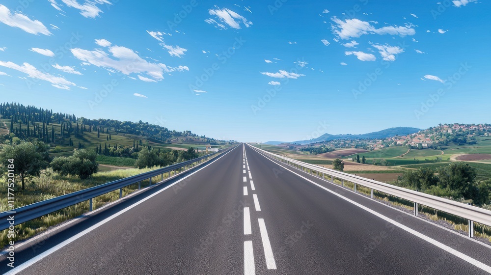 A straight highway stretches into the distance under a clear blue sky. A straight highway stretches into the distance under a clear blue sky.