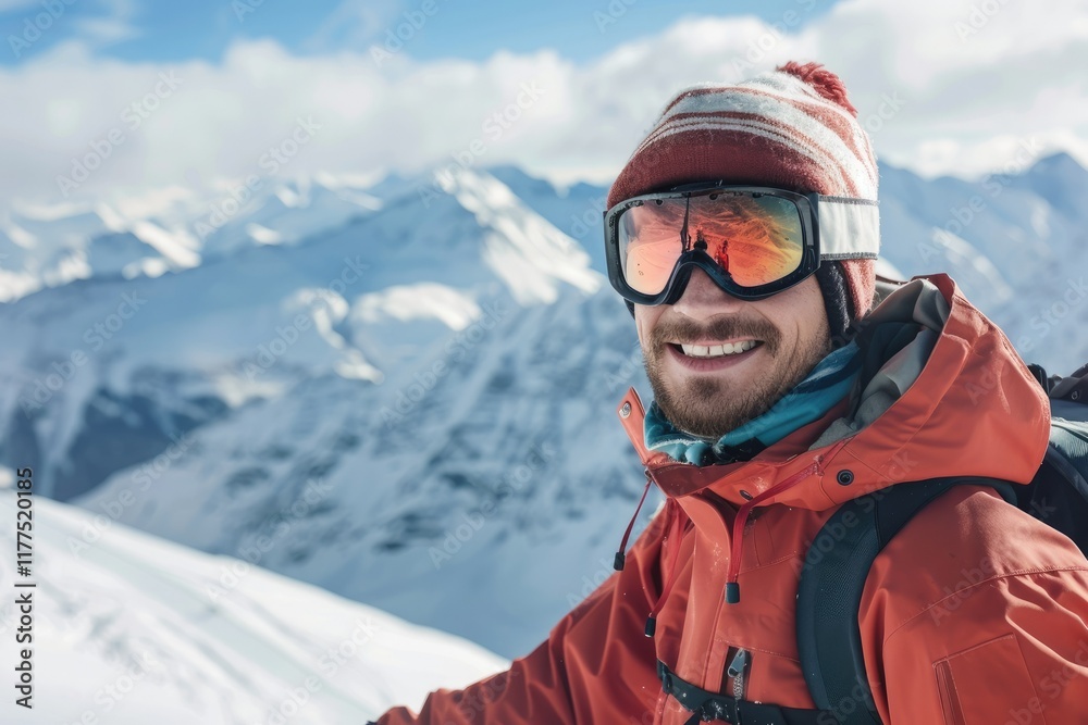 Vibrant Color Image of Happy Male Snowboarder with SnowCapped Mountains in Background Vibrant Color Image of Happy Male Snowboarder with SnowCapped Mountains in Background