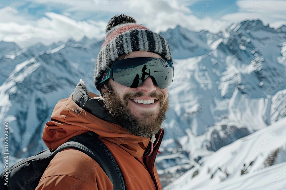 Ultra Quality Picture of Happy Male Snowboarder with SnowCapped Mountains in Background Ultra Quality Picture of Happy Male Snowboarder with SnowCapped Mountains in Background