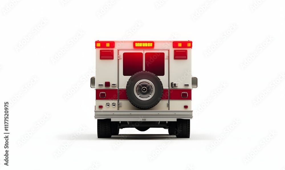 Fototapeta premium Rear view of a classic white and red ambulance with flashing lights on a white background.