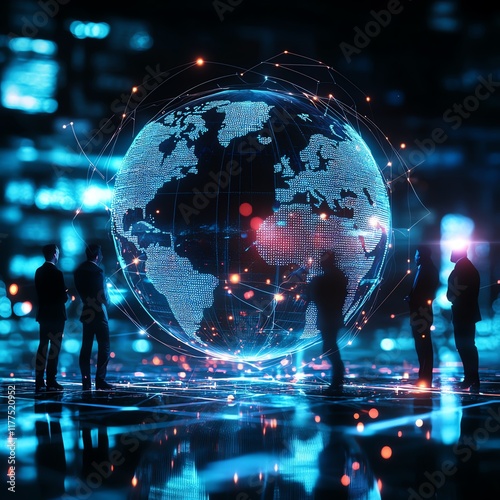 Global business structure of networking, analysis and data exchange, customer connection, HR recruitment, global outsourcing, teamwork, strategy, generative AI concept