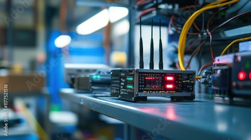 Electronic device with multiple antennas and blinking led lights is placed on metal shelf in server room, suggesting testing or operation of telecommunication hardware