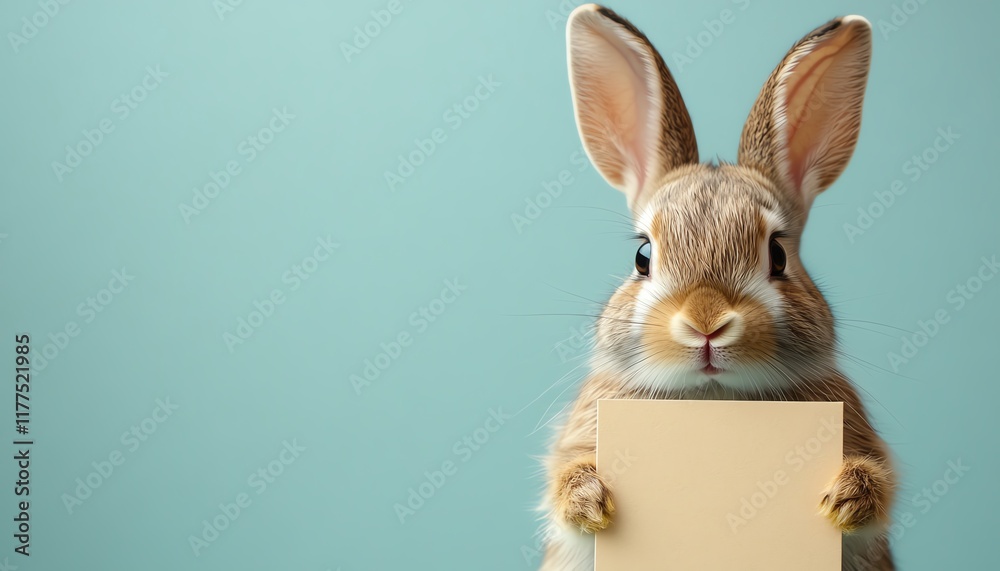 Fototapeta premium A cute, friendly rabbit holding a blank sign in front of a solid background, perfect for customizable text, colorful and fun design