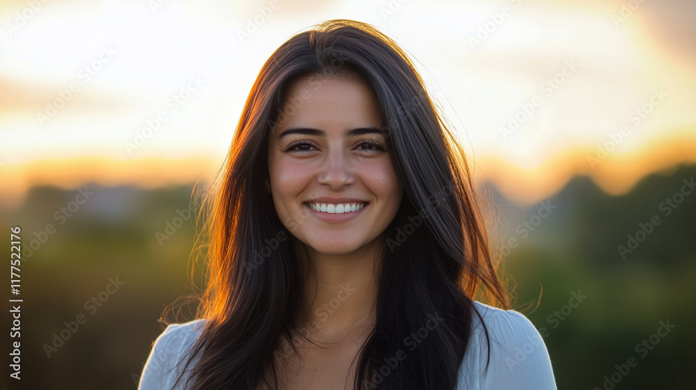 Naklejka premium Młoda kobieta z długimi, ciemnymi włosami, uśmiechająca się na tle pastelowego zachodu słońca, emanuje spokojem i pozytywną energią.
