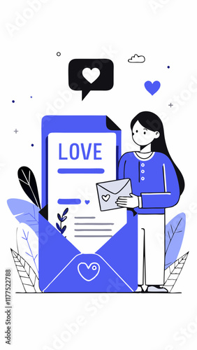 Love letter illustration with a woman holding an envelope