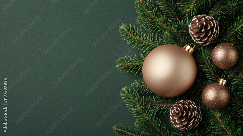 Festive Christmas ornaments, pine cones, and fir branches on a dark green background.