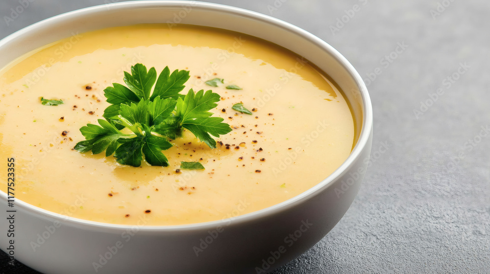 Creamy yellow soup in a bowl, garnished with parsley and pepper. Creamy yellow soup in a bowl, garnished with parsley and pepper.