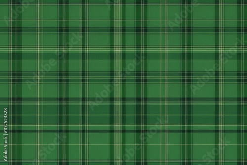 a close up of a green plaid fabric with a black and white stripe