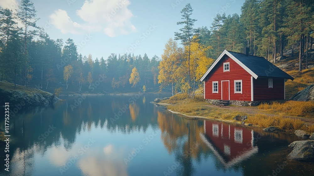 Red Cabin Lakeside Autumnal Forest Scene Red Cabin Lakeside Autumnal Forest Scene