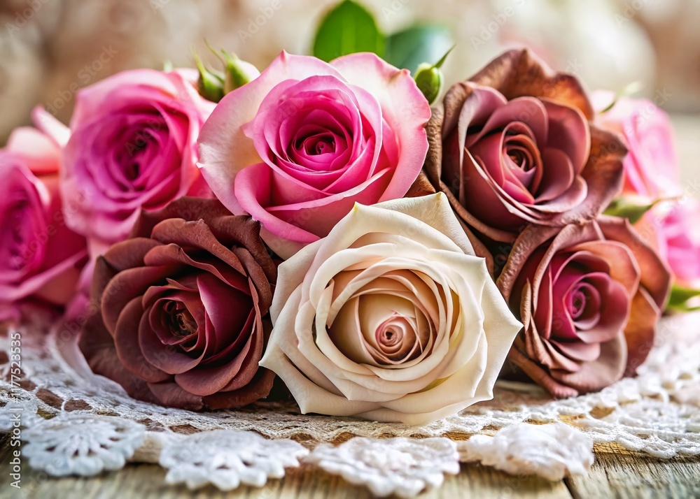 Macro Photography: Pink & Chocolate Roses on White Lace Macro Photography: Pink & Chocolate Roses on White Lace