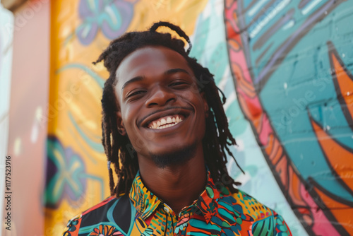 A joyful young man stands in front of a vivid street mural, wearing a floral patterned shirt. The bright colors and artistic design reflect a lively urban atmosphere during the day. Generative AI