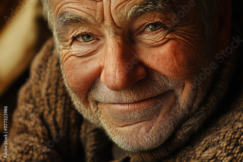 A cheerful elderly man with a warm smile sits in a rustic environment, showcasing his wrinkled face and lively eyes. Soft light enhances the charming atmosphere around him. Generative AI