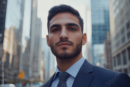 A man dressed in a formal suit stands confidently in an urban setting surrounded by tall skyscrapers. Bright sunlight illuminates his serious expression as he gazes at the camera. Generative AI