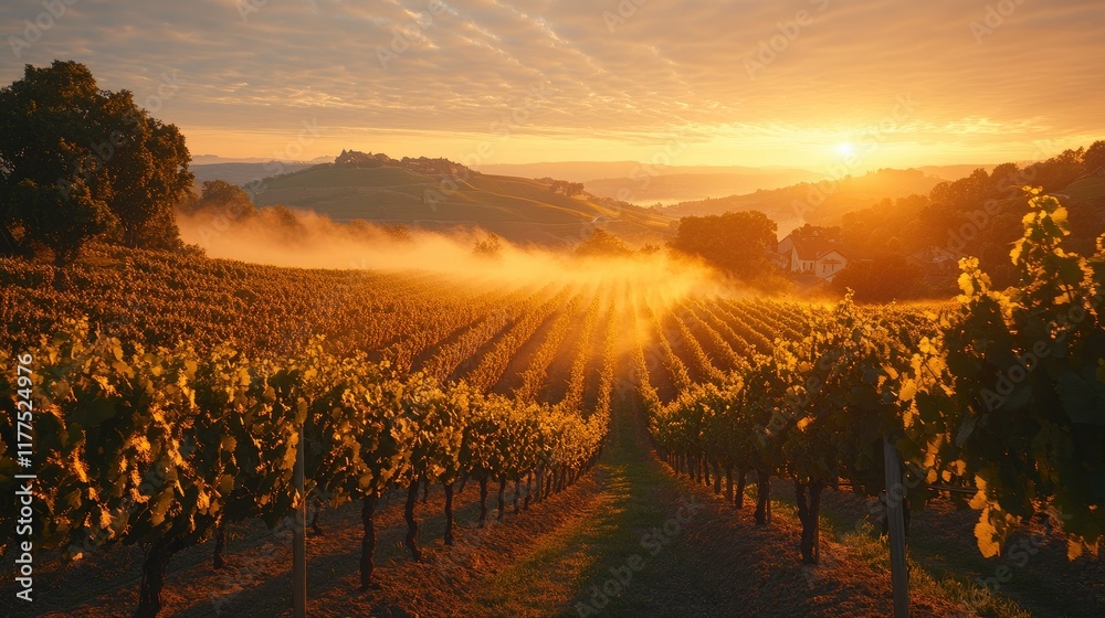 Fototapeta premium Golden Sunrise Over Rolling Vineyard Hills