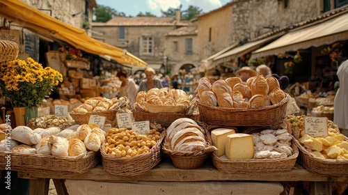Fototapeta Naklejka Na Ścianę i Meble -  Artisan Breads And Cheeses At A European Market