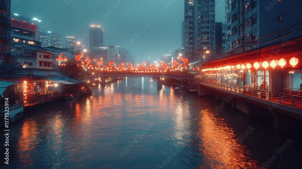Fototapeta premium Nighttime City Canal Bridge Festive Lights Illumination