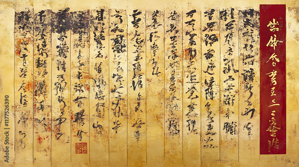 Ancient Asian Calligraphy On Aged Parchment Scroll