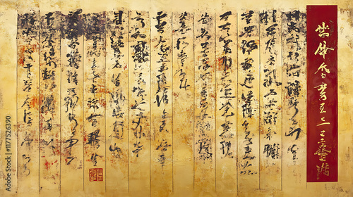 Obraz na płótnie Ancient Asian Calligraphy On Aged Parchment Scroll w salonie