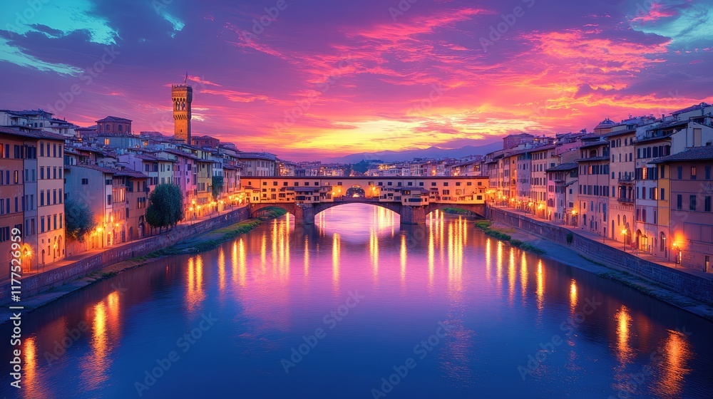 Fototapeta premium Vibrant Sunset Over Ponte Vecchio in Florence Italy