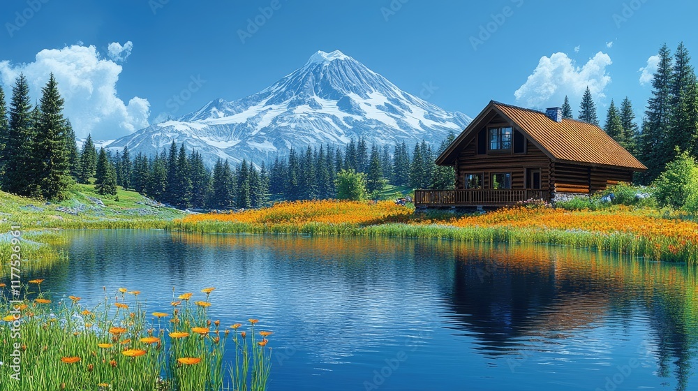 Fototapeta premium Mountain Cabin Lakeside Serenity A Stunning Alpine View