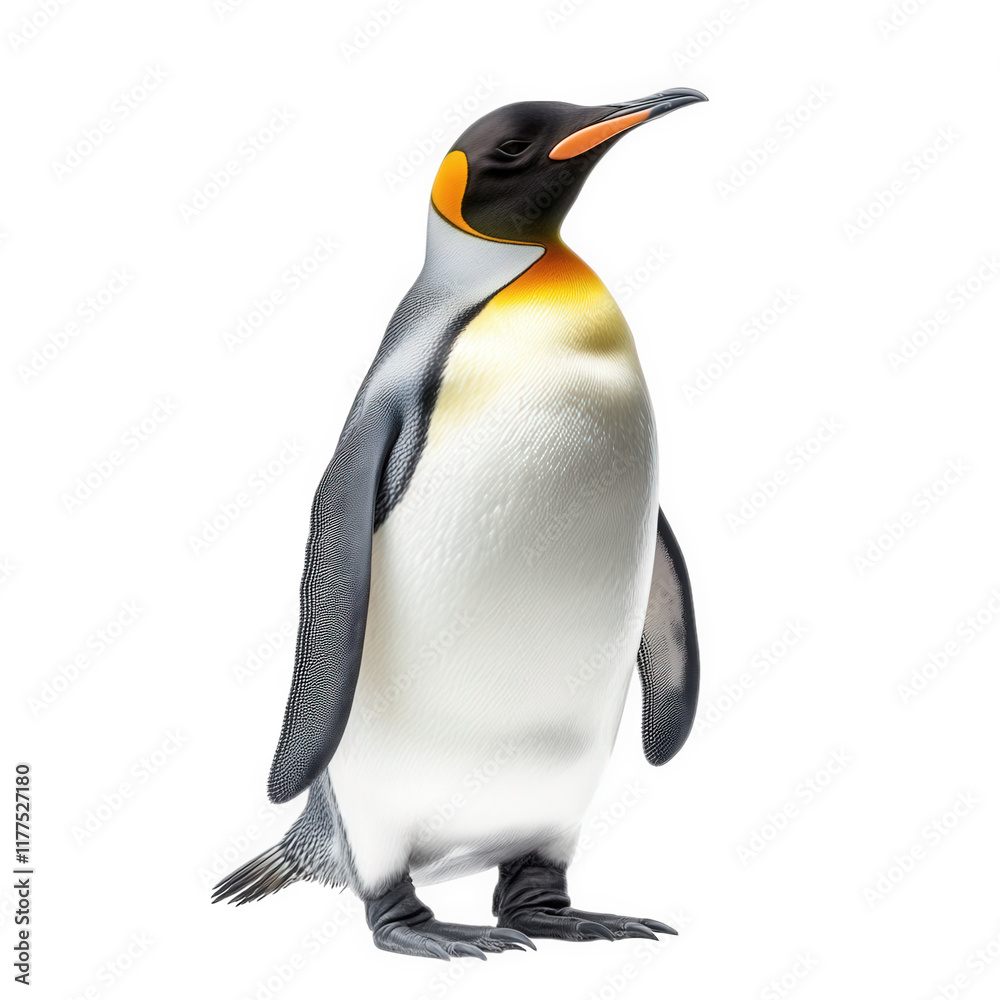Fototapeta premium a king penguin standing upright against a white background. showcasing its distinctive features. including a black head. vibrant orange patches. and a sleek body the penguin's unique coloration and fo