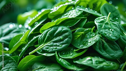 Fresh Green Spinach Leaves with Dew Drops
