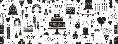 Happy Birthday seamless pattern. Sketch party decoration, gift box, cake, party. Hand drawn elements. Vector  illustration