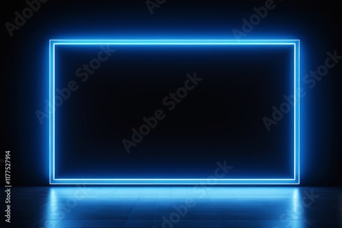 a blue neon frame in a dark room with a black floor