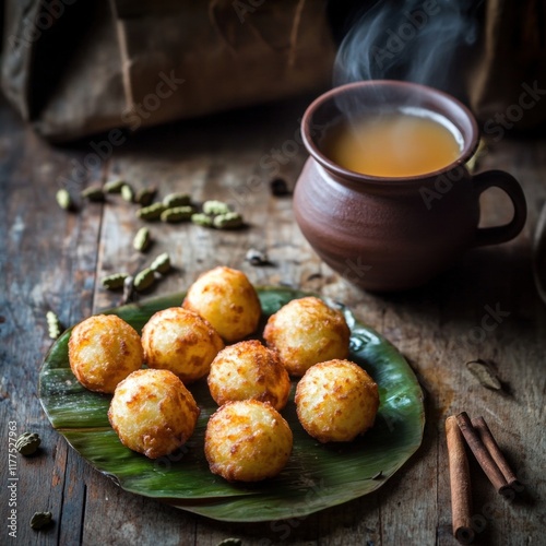 A plate of golden bonda beside a steaming cup of tea on a rustic wooden table.