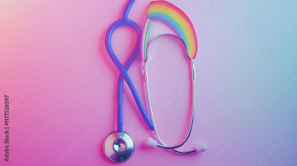Fototapeta premium A colorful stethoscope with a rainbow design on one side, set against a gradient background transitioning from pink to purple.