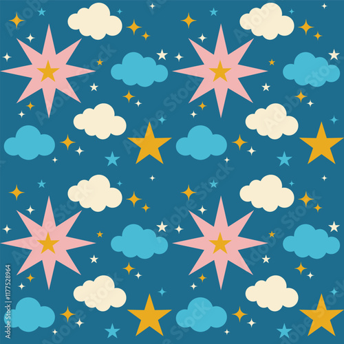Starry sky with clouds - seamless pattern, vector cartoon