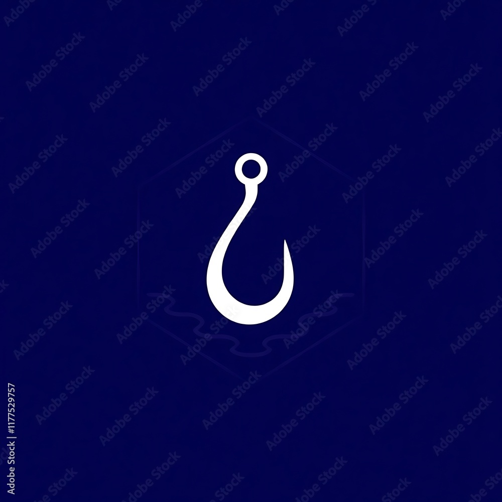 Obraz premium White Hook Logo Design: A minimalist design for a hook on a navy blue background. The hook is stylized and modern with waves beneath it.