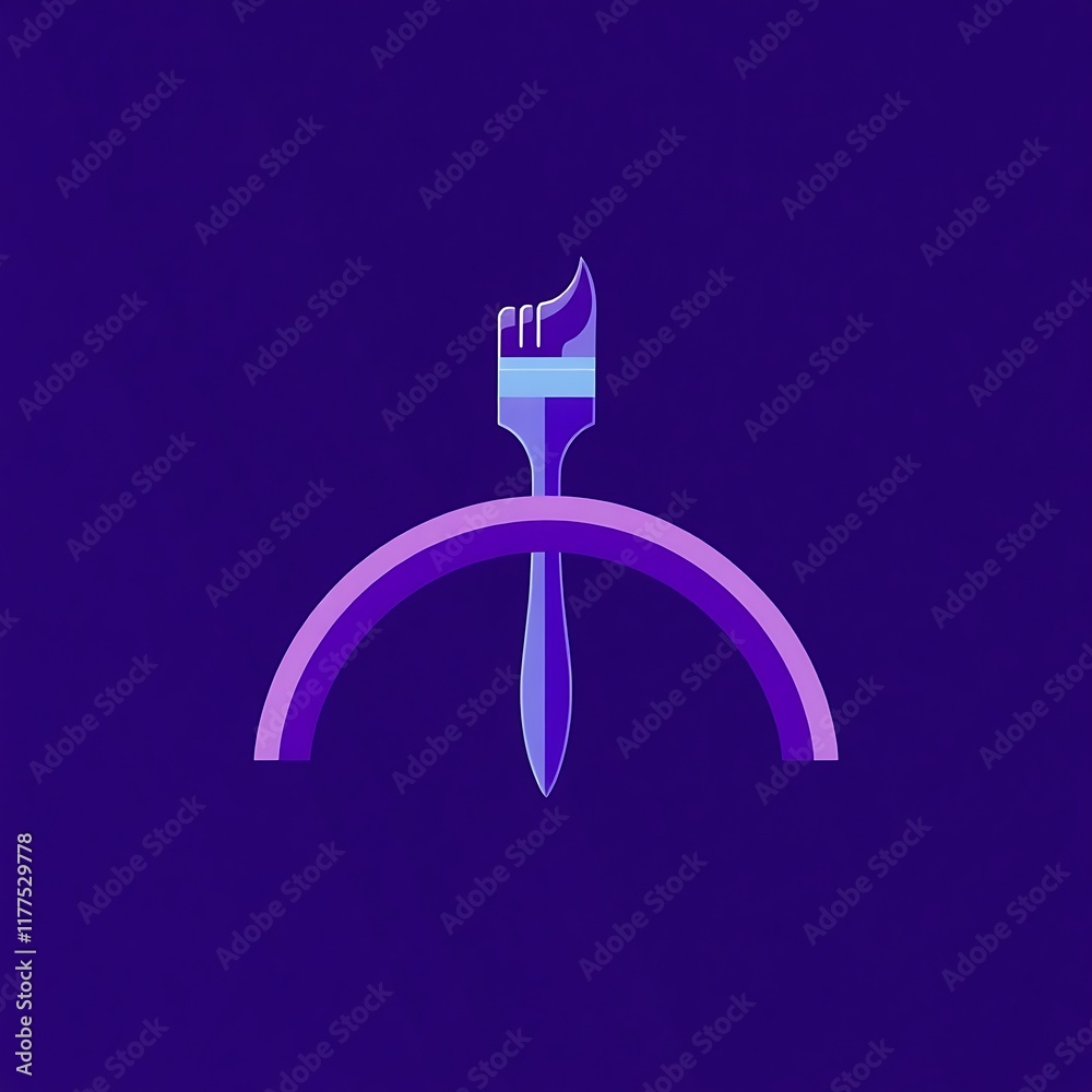 Obraz premium Brushstroke of Creativity: A simple yet powerful minimalist logo design featuring a paintbrush standing tall against a vibrant purple arch. This design evokes a sense of artistry, innovation.