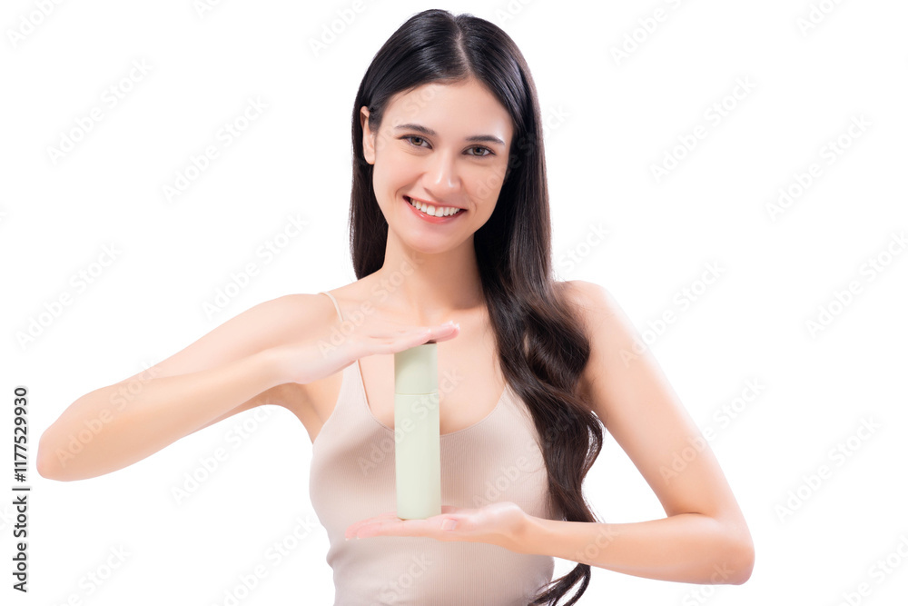 Beauty young woman holding and presenting a skincare product. Ideal for beauty, skincare, and wellness advertising or promotional materials. Beauty young woman holding and presenting a skincare product. Ideal for beauty, skincare, and wellness advertising or promotional materials.