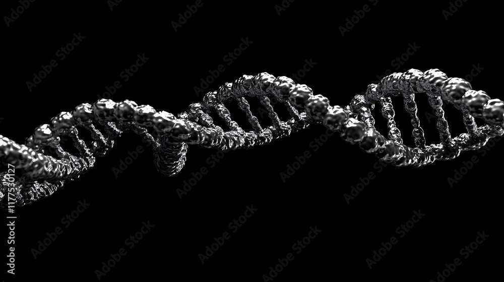3D illustration of a DNA double helix. Detailed view of the spiraled structure with thick, textured strands against a pure black background.. 3D illustration of a DNA double helix. Detailed view of the spiraled structure with thick, textured strands against a pure black background..