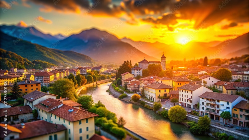 Magical Tilt-Shift Sunset over Sesto Calende, Italy - Miniature Landscape Magical Tilt-Shift Sunset over Sesto Calende, Italy - Miniature Landscape