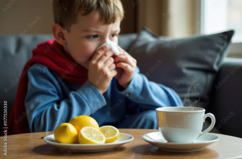Sick child blowing nose while drinking hot tea with lemon Sick child blowing nose while drinking hot tea with lemon