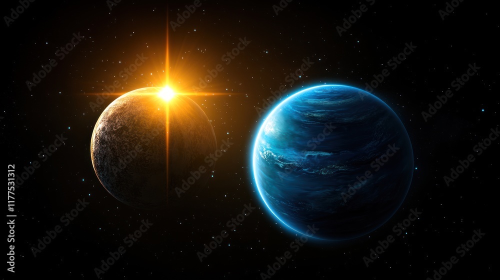 Fototapeta premium Celestial scene featuring two planets and a shining sun.