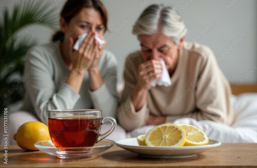 Hot tea with lemon while having flu symptoms. Two sick women on background Hot tea with lemon while having flu symptoms. Two sick women on background