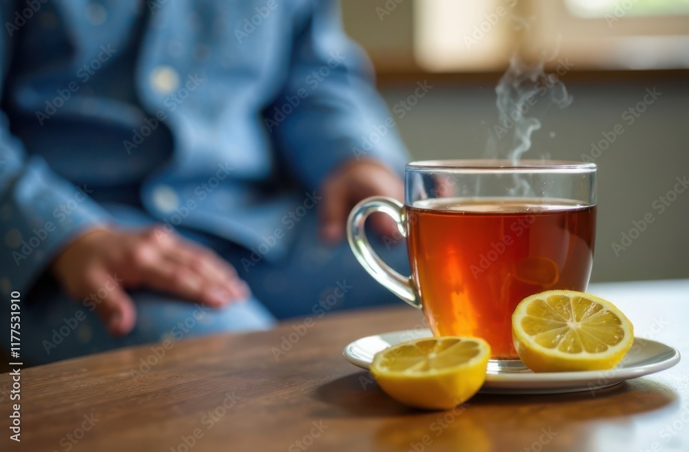 Steaming hot tea with lemon slices, sick  senior man in blue pajamas on background