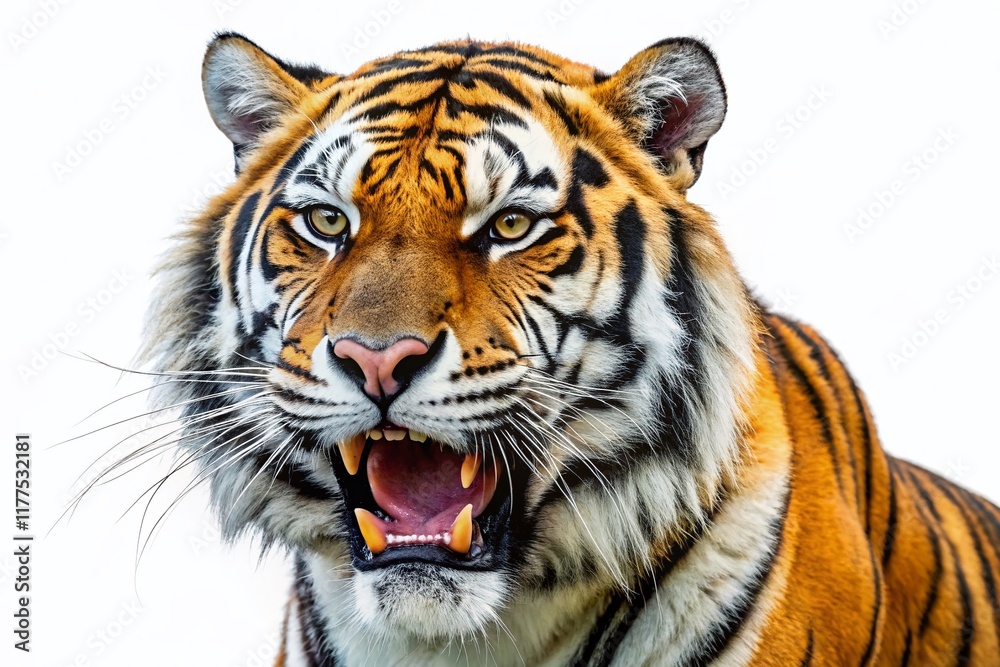 Naklejka premium Majestic Bengal Tiger Roar, Fangs Bared, Isolated White Background PNG - Wildlife Stock Photo