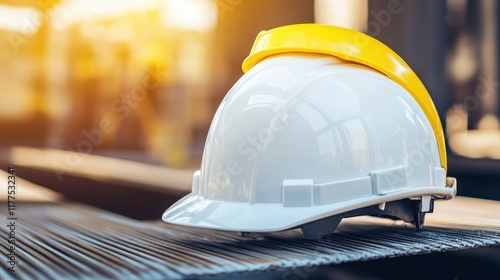 Safety white hard hat on metal surface. photo