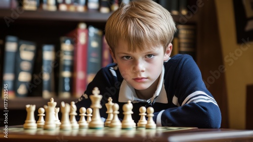 Young Chess Prodigy Concentrates Deeply on a Strategic Game in a Library Setting