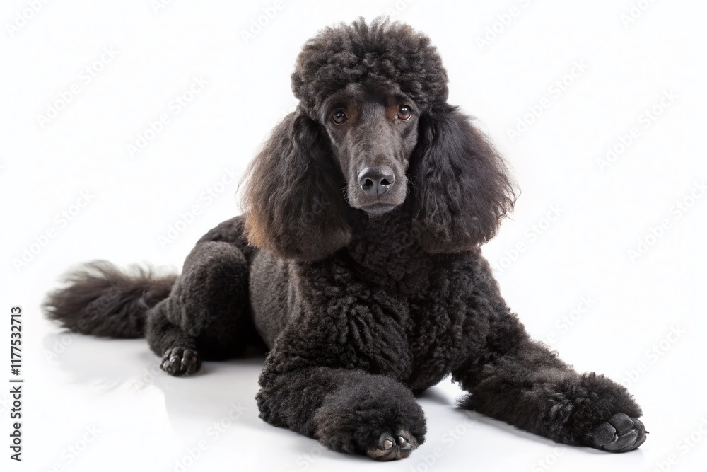 Majestic Black Poodle Dog Isolated on White Background - Drone Photography Majestic Black Poodle Dog Isolated on White Background - Drone Photography