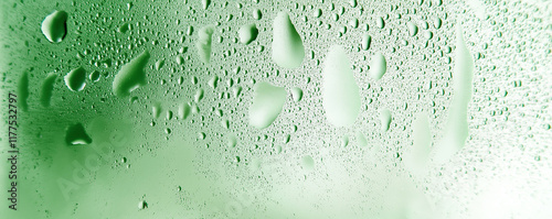 Realistic water droplets condensing on green background