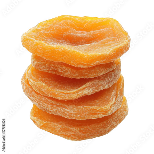 stack of dried mango slices. showcasing their vibrant orange color and wrinkled texture dried mango is a popular snack known for its sweet flavor and chewy consistency. often enjoyed as a healthy trea photo