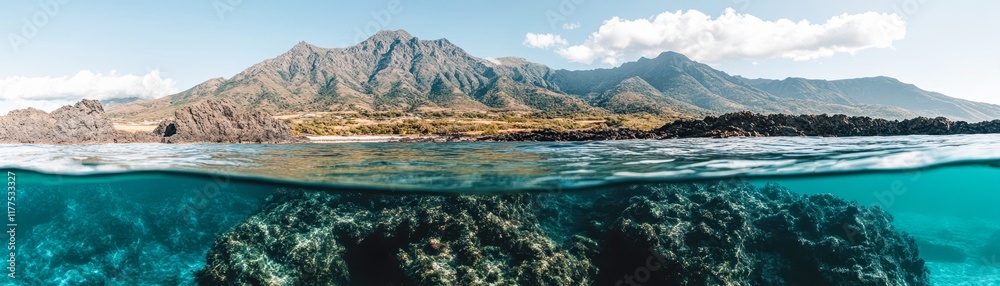 A stunning split-shot view of clear turquoise waters revealing rocky underwater landscapes contrasted with majestic mountains in the background, Ideal for travel, nature, or aquatic lifestyle themes, A stunning split-shot view of clear turquoise waters revealing rocky underwater landscapes contrasted with majestic mountains in the background, Ideal for travel, nature, or aquatic lifestyle themes,