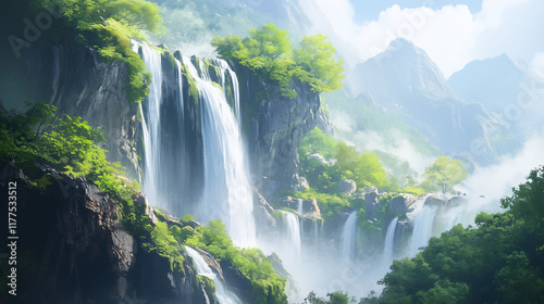Majestic waterfall cascading over rocky cliffs, with green vegetation and mist creating a refreshing atmosphere 